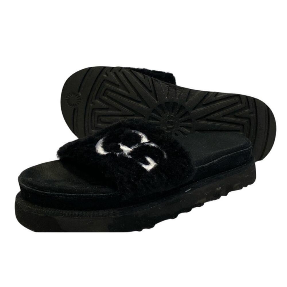 UGG Black Women's Size 6 Logo Laton Fur Loungewear Foam House Slides Sandals - Picture 4 of 9